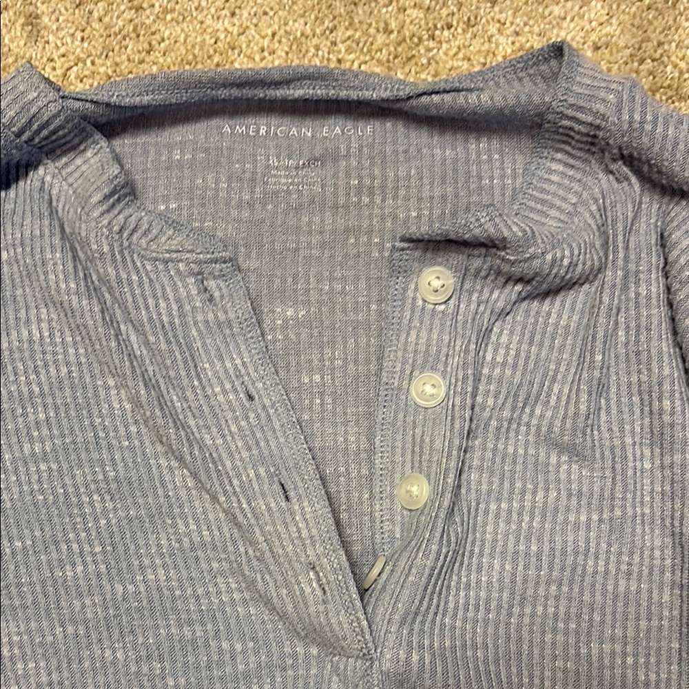 American Eagle Blue Ribbed Henley Shirt